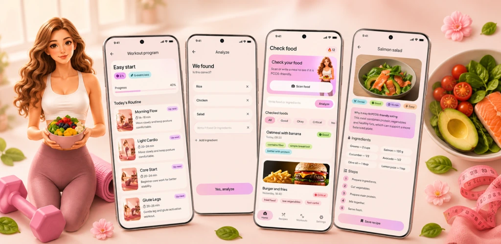 Aaveli app screens with fitness and healthy food