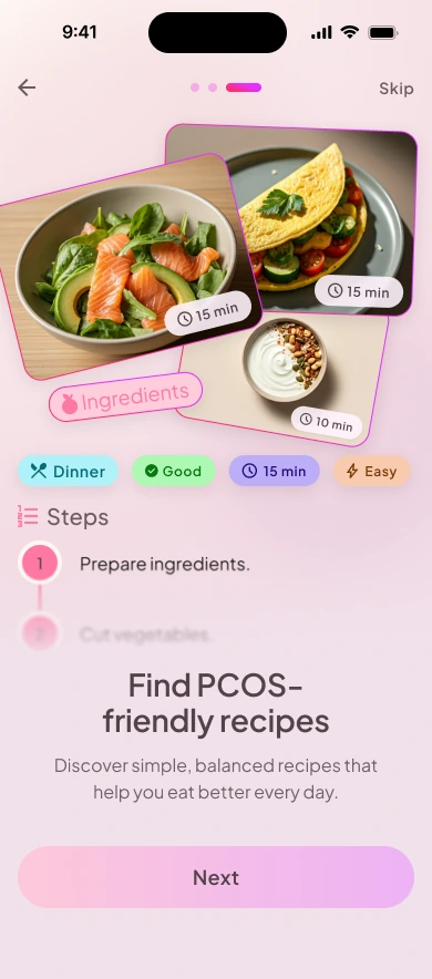 PCOS-friendly recipes onboarding screen